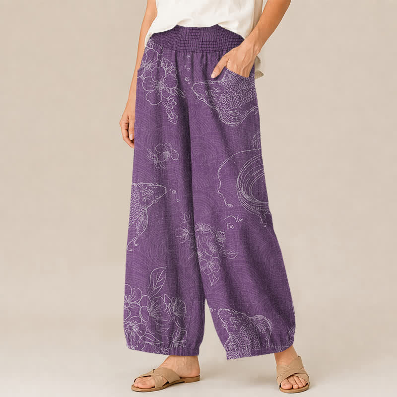 Buddha Stones Cotton Vintage Koi Fish Floral Pattern Pleated Elastic Waist Women's Harem Pants With Pockets - image 11
