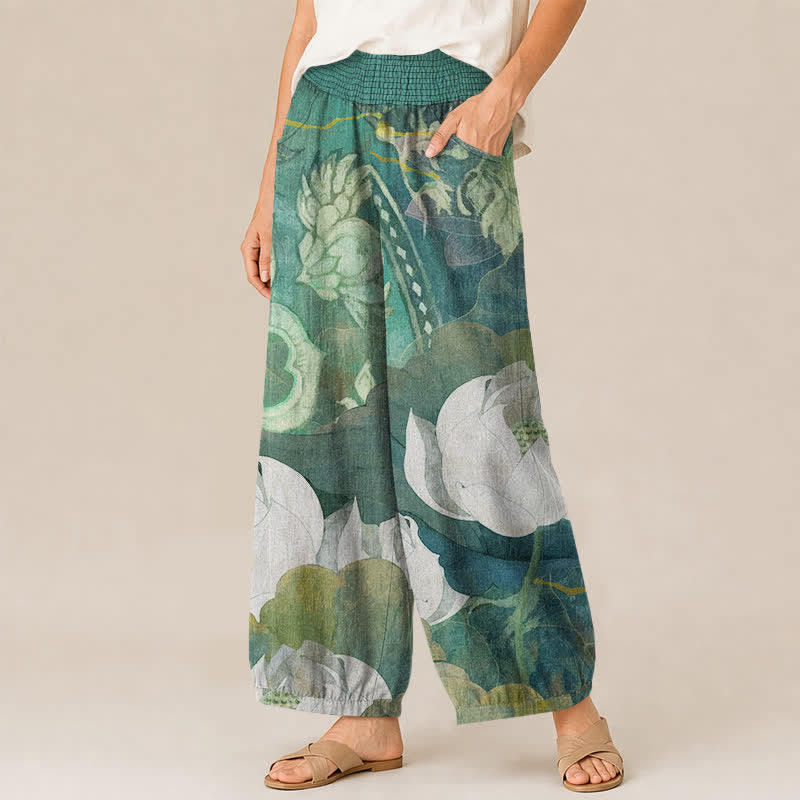 Buddha Stones Cotton White Lotus Bloom Pattern Pleated Elastic Waist Women's Harem Pants With Pockets - image 1