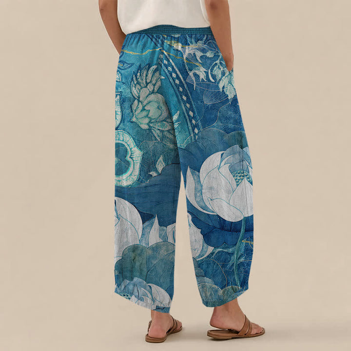 Buddha Stones Cotton White Lotus Bloom Pattern Pleated Elastic Waist Women's Harem Pants With Pockets - image 8