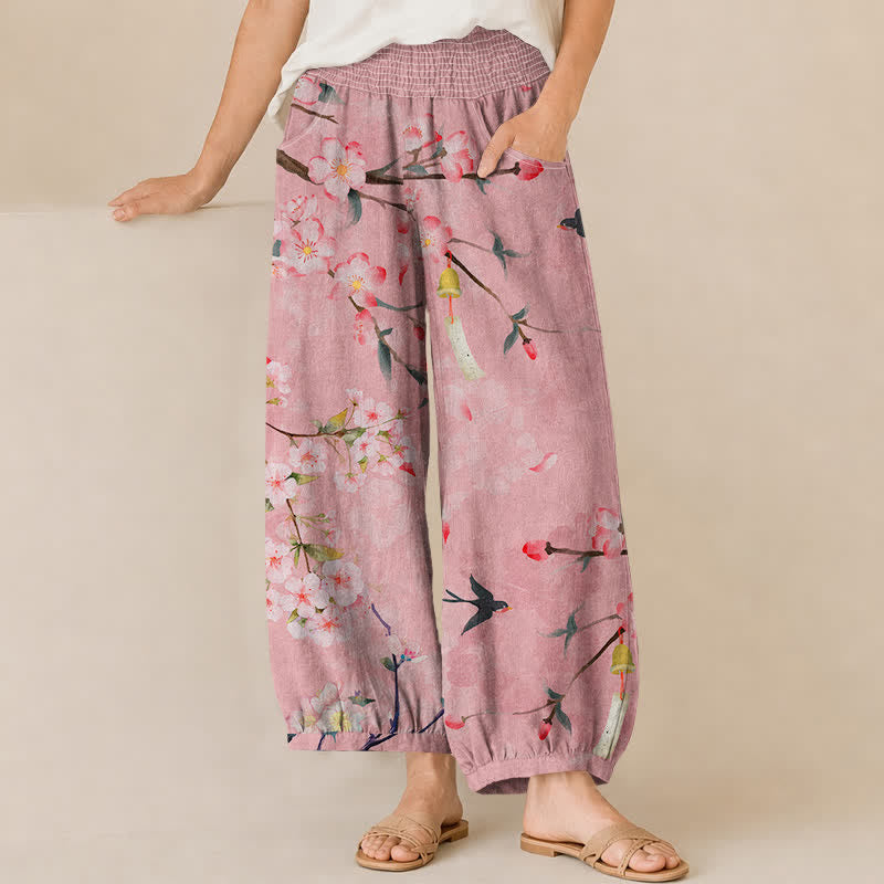 Buddha Stones Cotton Sakura Blossom Pattern Pleated Elastic Waist Women's Harem Pants With Pockets - LightPink - US16，UK/AU20，EU48 (3XL) - image 6