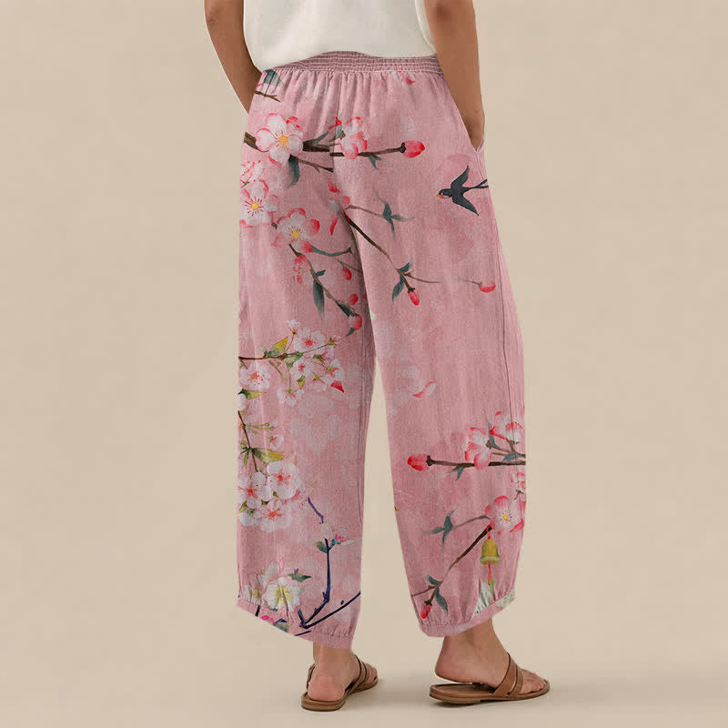 Buddha Stones Cotton Sakura Blossom Pattern Pleated Elastic Waist Women's Harem Pants With Pockets - image 8