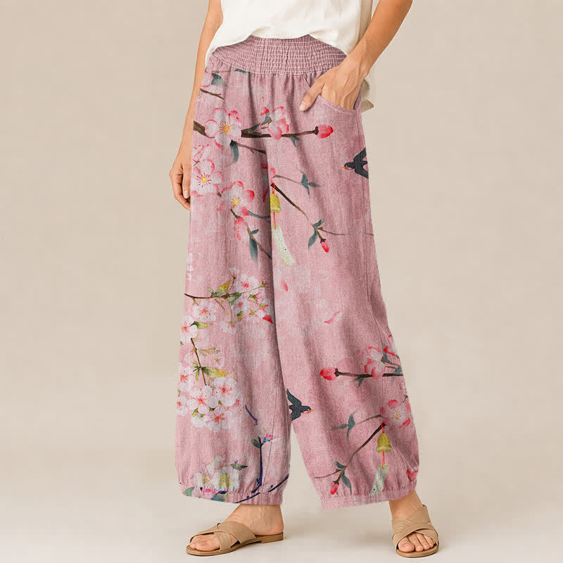 Buddha Stones Cotton Sakura Blossom Pattern Pleated Elastic Waist Women's Harem Pants With Pockets - image 7