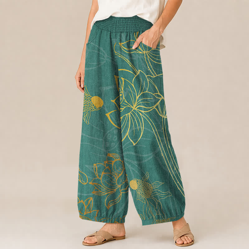 Buddha Stones Cotton Golden Lotus Koi Fish Pattern Pleated Elastic Waist Women's Harem Pants With Pockets - image 1