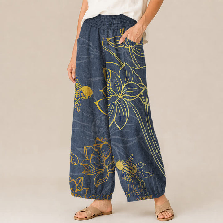 Buddha Stones Cotton Golden Lotus Koi Fish Pattern Pleated Elastic Waist Women's Harem Pants With Pockets - image 7