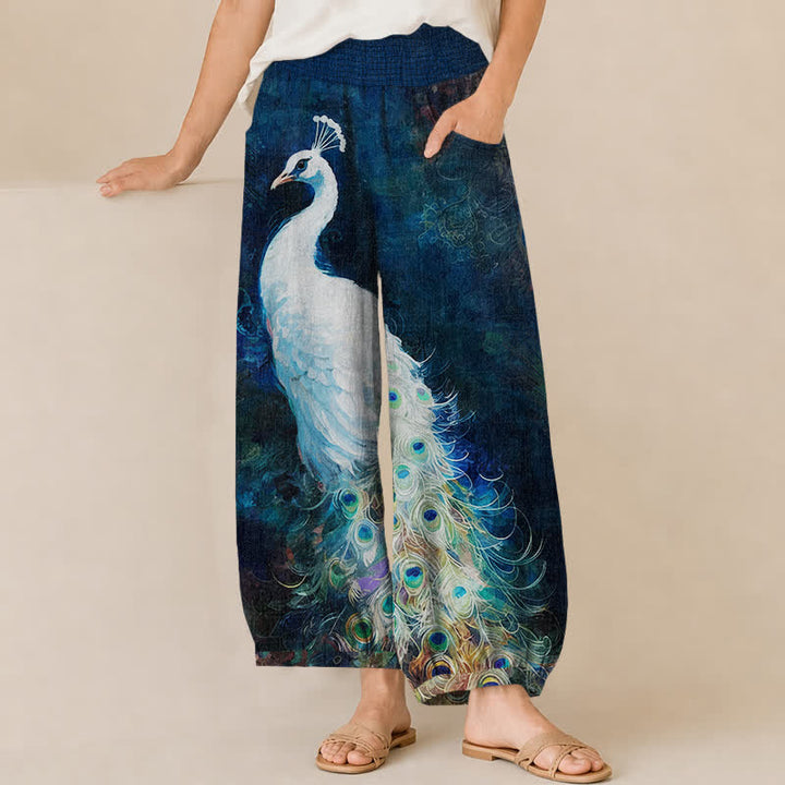 Buddha Stones Cotton White Peacock Feather Pattern Pleated Elastic Waist Women's Harem Pants With Pockets - Navy - US16，UK/AU20，EU48 (3XL) - image 0