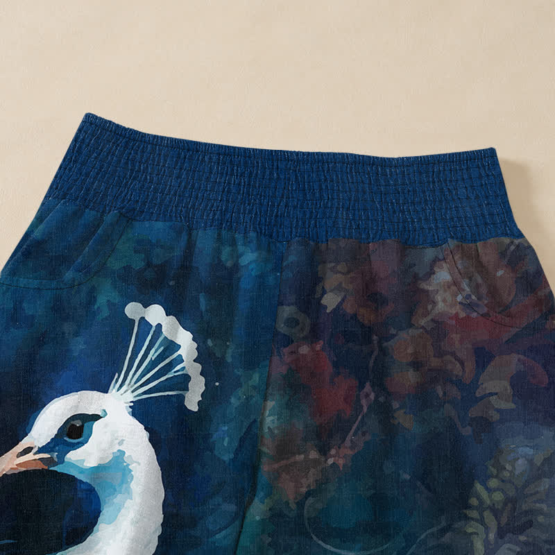 Buddha Stones Cotton White Peacock Feather Pattern Pleated Elastic Waist Women's Harem Pants With Pockets - image 4
