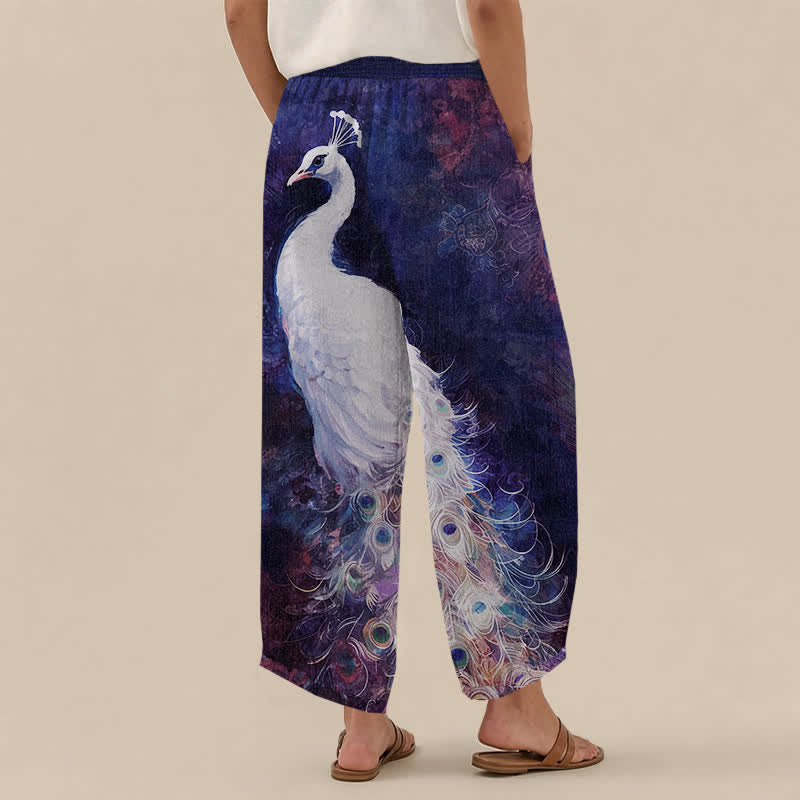 Buddha Stones Cotton White Peacock Feather Pattern Pleated Elastic Waist Women's Harem Pants With Pockets - image 8