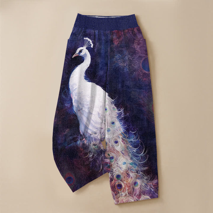 Buddha Stones Cotton White Peacock Feather Pattern Pleated Elastic Waist Women's Harem Pants With Pockets - image 9