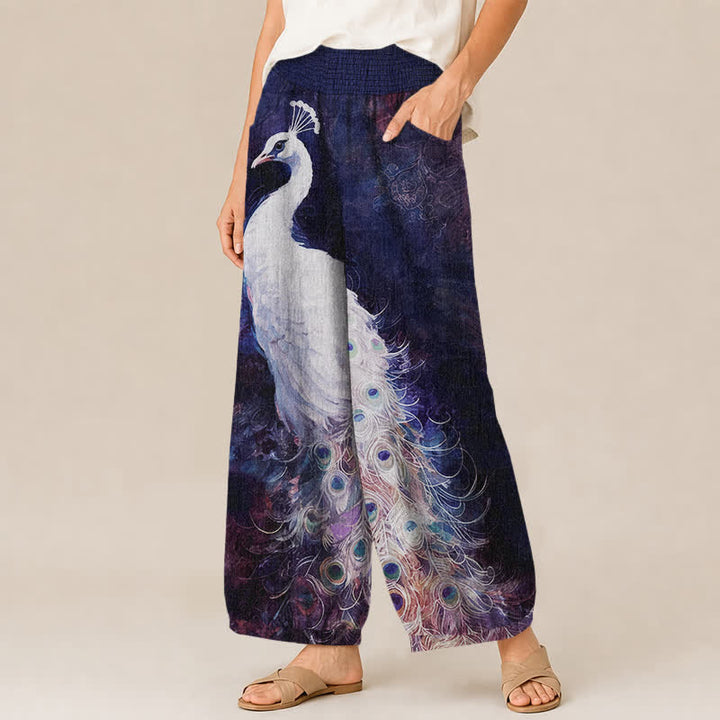 Buddha Stones Cotton White Peacock Feather Pattern Pleated Elastic Waist Women's Harem Pants With Pockets - image 7