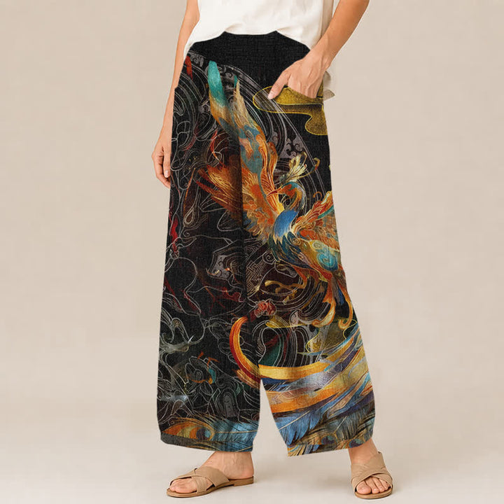 Buddha Stones Cotton Oriental Phoenix Feather Pattern Pleated Elastic Waist Women's Harem Pants With Pockets - image 1
