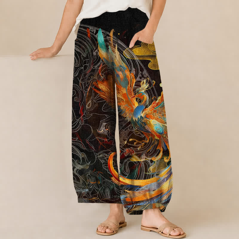 Buddha Stones Cotton Oriental Phoenix Feather Pattern Pleated Elastic Waist Women's Harem Pants With Pockets - Black - US16，UK/AU20，EU48 (3XL) - image 0