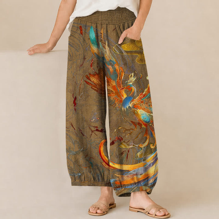 Buddha Stones Cotton Oriental Phoenix Feather Pattern Pleated Elastic Waist Women's Harem Pants With Pockets - Peru - US16，UK/AU20，EU48 (3XL) - image 6