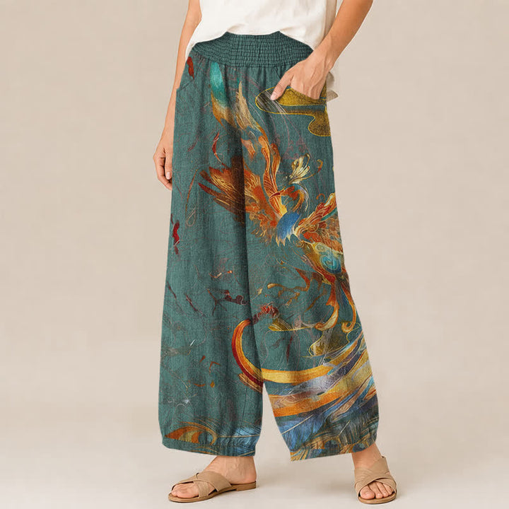 Buddha Stones Cotton Oriental Phoenix Feather Pattern Pleated Elastic Waist Women's Harem Pants With Pockets - image 11