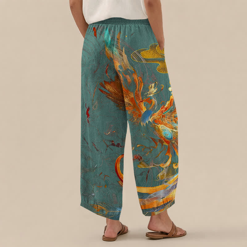 Buddha Stones Cotton Oriental Phoenix Feather Pattern Pleated Elastic Waist Women's Harem Pants With Pockets - image 12