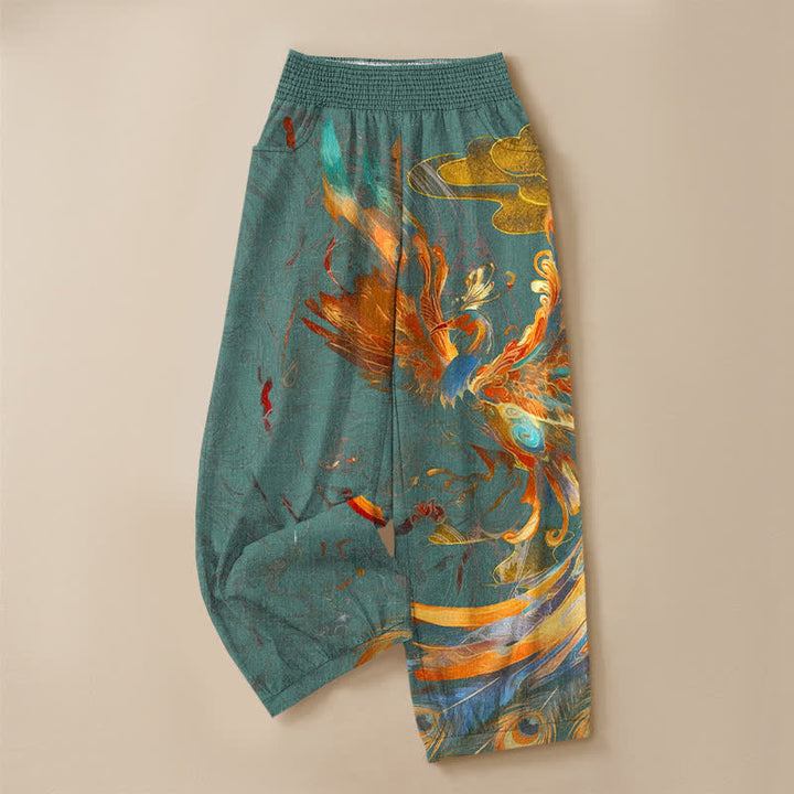 Buddha Stones Cotton Oriental Phoenix Feather Pattern Pleated Elastic Waist Women's Harem Pants With Pockets - image 13