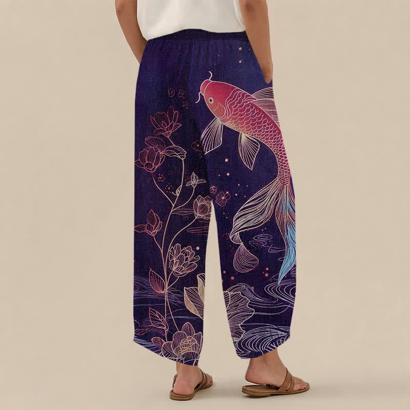 Buddha Stones Cotton Red Koi Fish Lotus Ripple Pattern Pleated Elastic Waist Women's Harem Pants With Pockets - image 12