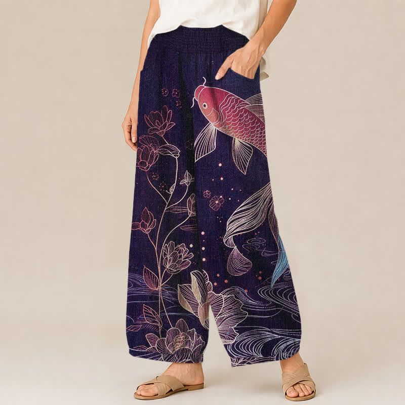 Buddha Stones Cotton Red Koi Fish Lotus Ripple Pattern Pleated Elastic Waist Women's Harem Pants With Pockets - image 11