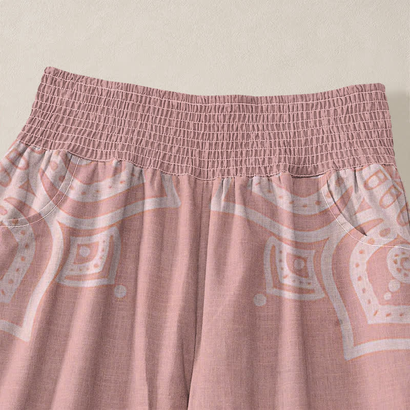 Buddha Stones Cotton Bohemian White Mandala Floral Pattern Pleated Elastic Waist Women's Harem Pants With Pockets - image 4