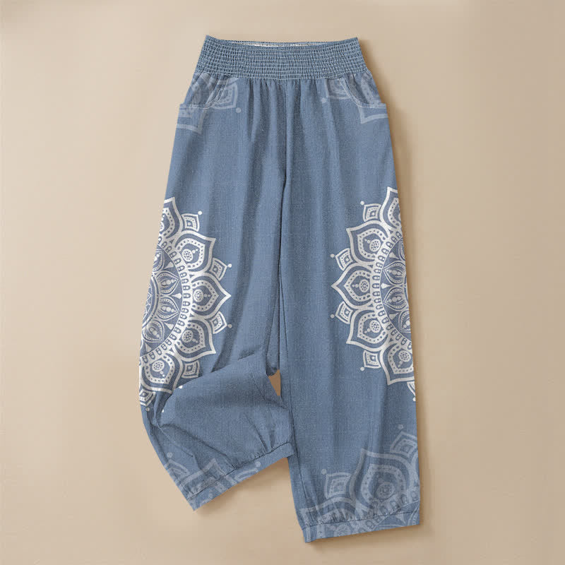 Buddha Stones Cotton Bohemian White Mandala Floral Pattern Pleated Elastic Waist Women's Harem Pants With Pockets - image 9