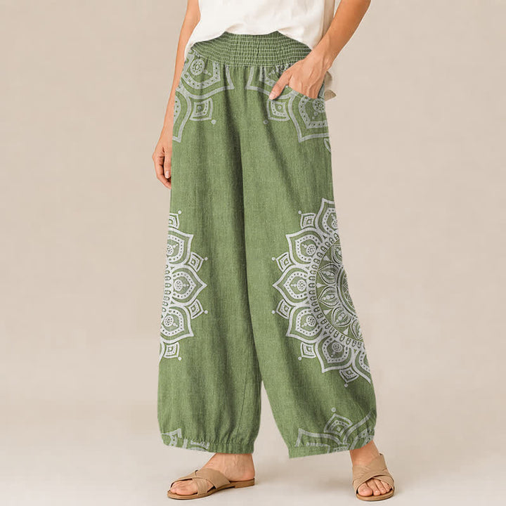 Buddha Stones Cotton Bohemian White Mandala Floral Pattern Pleated Elastic Waist Women's Harem Pants With Pockets - image 11