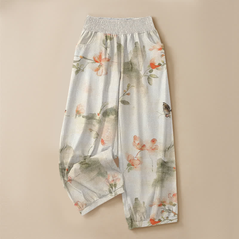 Buddha Stones Cotton Watercolor Floral Butterfly Pattern Pleated Elastic Waist Women's Harem Pants With Pockets - image 3