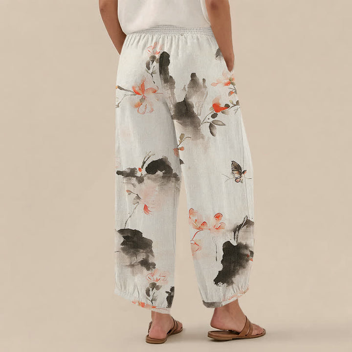 Buddha Stones Cotton Watercolor Floral Butterfly Pattern Pleated Elastic Waist Women's Harem Pants With Pockets - image 8