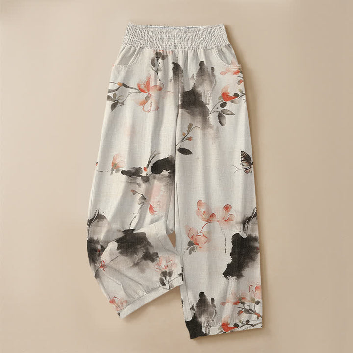 Buddha Stones Cotton Watercolor Floral Butterfly Pattern Pleated Elastic Waist Women's Harem Pants With Pockets - image 9