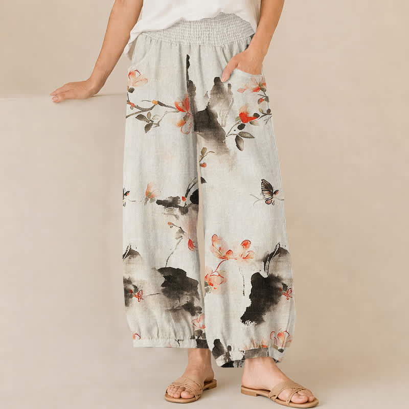 Buddha Stones Cotton Watercolor Floral Butterfly Pattern Pleated Elastic Waist Women's Harem Pants With Pockets - Linen - US16，UK/AU20，EU48 (3XL) - image 6