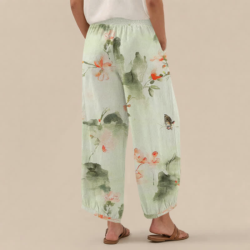 Buddha Stones Cotton Watercolor Floral Butterfly Pattern Pleated Elastic Waist Women's Harem Pants With Pockets - image 12