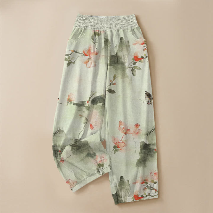 Buddha Stones Cotton Watercolor Floral Butterfly Pattern Pleated Elastic Waist Women's Harem Pants With Pockets - image 13