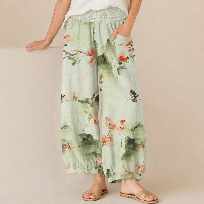 Buddha Stones Cotton Watercolor Floral Butterfly Pattern Pleated Elastic Waist Women's Harem Pants With Pockets - Honeydew - US16，UK/AU20，EU48 (3XL) - image 10