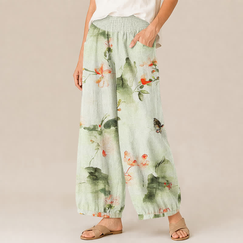 Buddha Stones Cotton Watercolor Floral Butterfly Pattern Pleated Elastic Waist Women's Harem Pants With Pockets - image 11