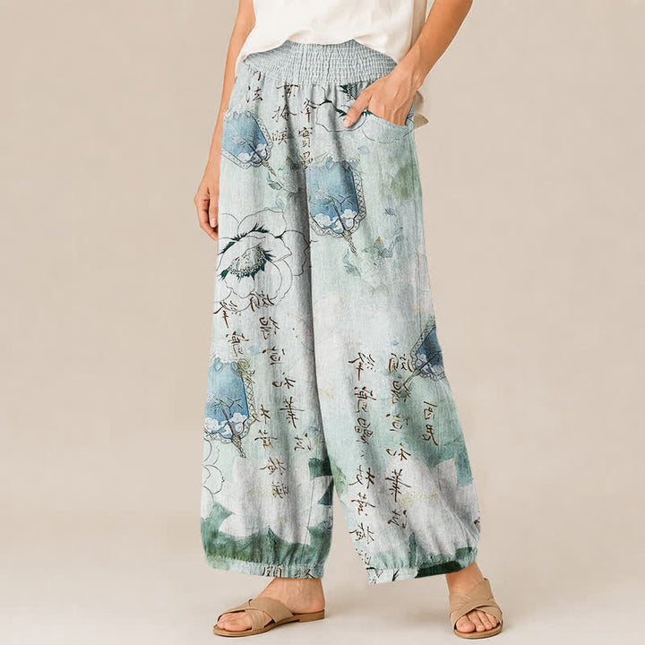 Buddha Stones Cotton Watercolor Floral Calligraphy Pattern Pleated Elastic Waist Women's Harem Pants With Pockets - image 1
