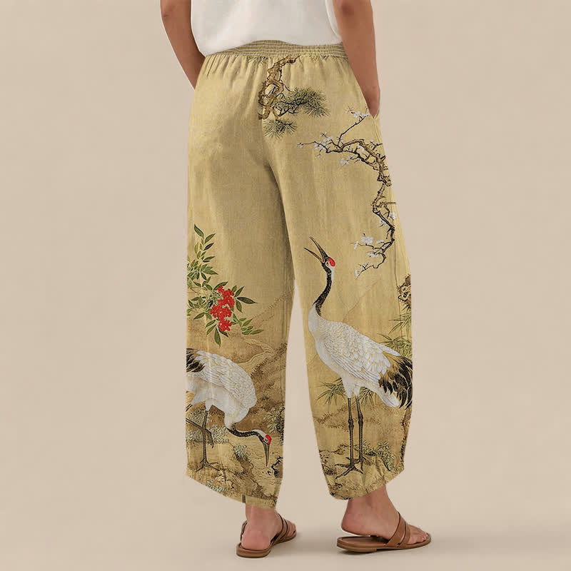 Buddha Stones Cotton Oriental White Crane Red Blossom Pattern Pleated Elastic Waist Women's Harem Pants With Pockets - image 2