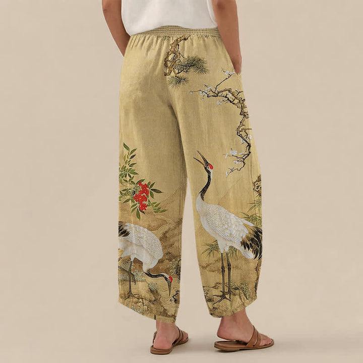 Buddha Stones Cotton Oriental White Crane Red Blossom Pattern Pleated Elastic Waist Women's Harem Pants With Pockets - image 2