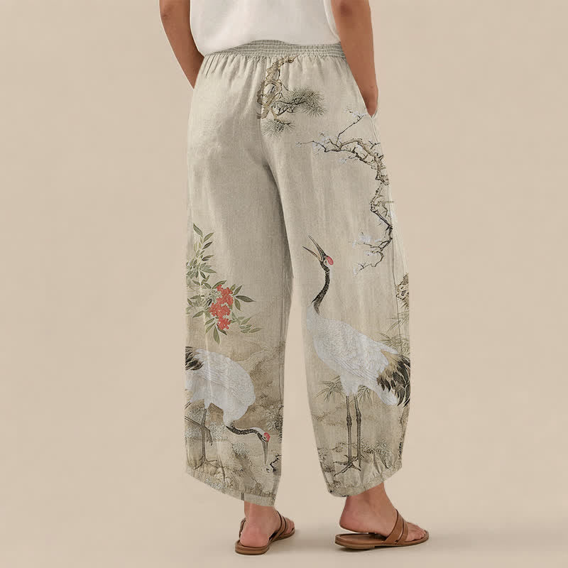 Buddha Stones Cotton Oriental White Crane Red Blossom Pattern Pleated Elastic Waist Women's Harem Pants With Pockets - image 8
