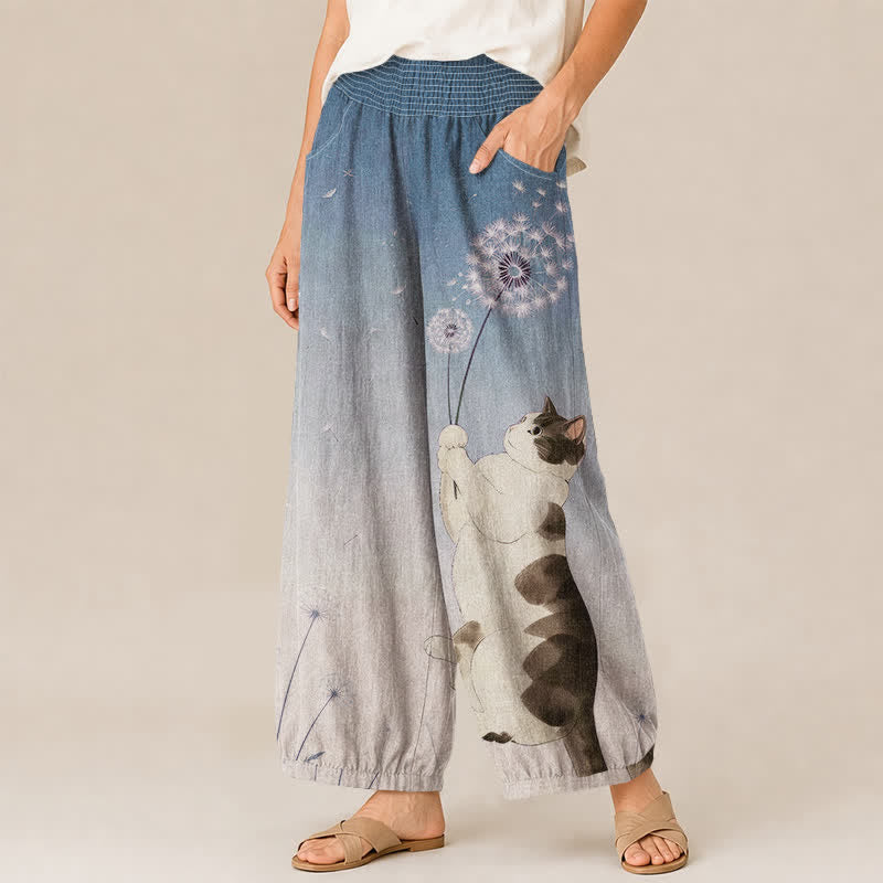 Buddha Stones Cotton Playful Cat Dandelion Pattern Pleated Elastic Waist Women's Harem Pants With Pockets - image 1