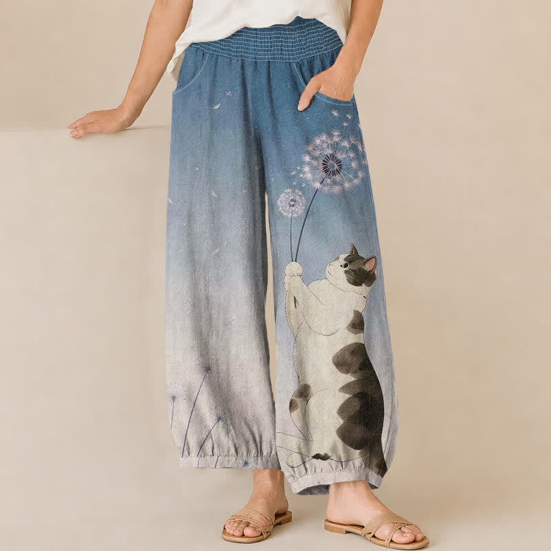 Buddha Stones Cotton Playful Cat Dandelion Pattern Pleated Elastic Waist Women's Harem Pants With Pockets - LightSteelBlue - US16，UK/AU20，EU48 (3XL) - image 0