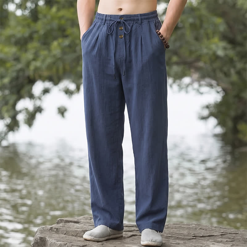 Buddha Stones Spring Summer Classic Decorative Buttons Drawstring Solid Long Pants Men's Straight Leg Pants With Pockets - Navy - US/UK/AU42, EU52 (3XL) - image 0