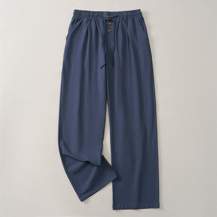 Buddha Stones Spring Summer Classic Decorative Buttons Drawstring Solid Long Pants Men's Straight Leg Pants With Pockets - image 1