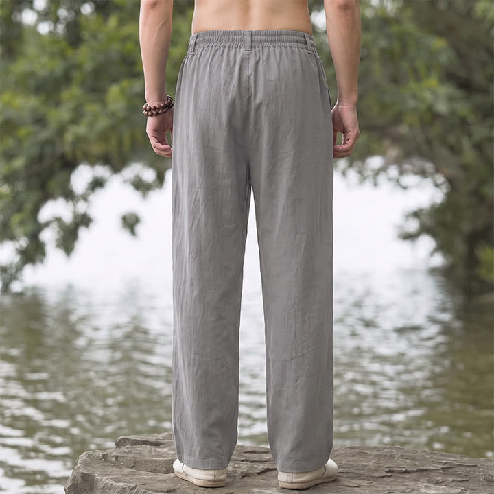 Buddha Stones Spring Summer Classic Decorative Buttons Drawstring Solid Long Pants Men's Straight Leg Pants With Pockets - image 10