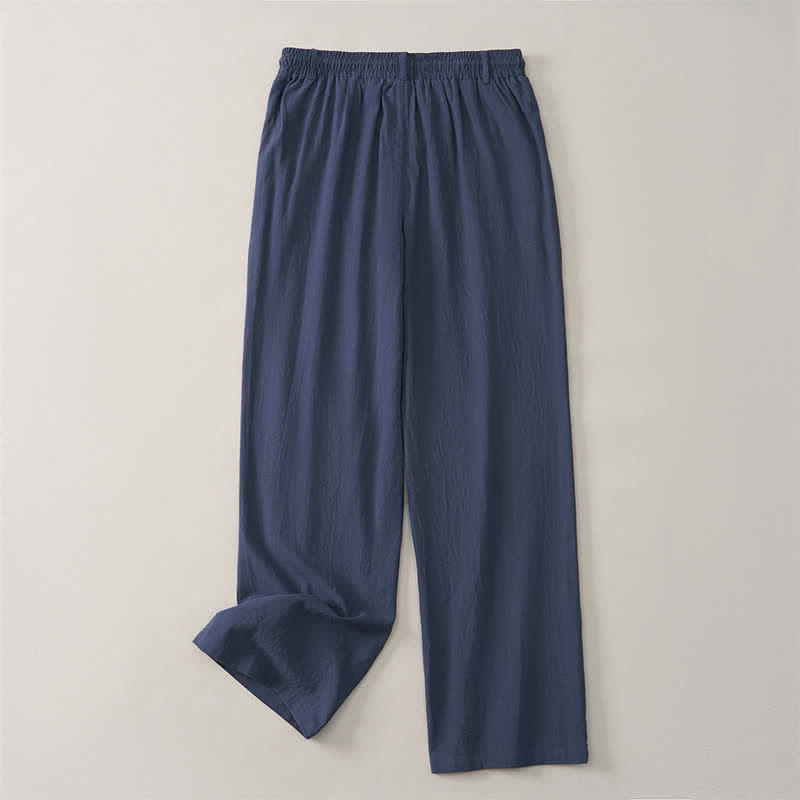Buddha Stones Spring Summer Classic Decorative Buttons Drawstring Solid Long Pants Men's Straight Leg Pants With Pockets - image 2