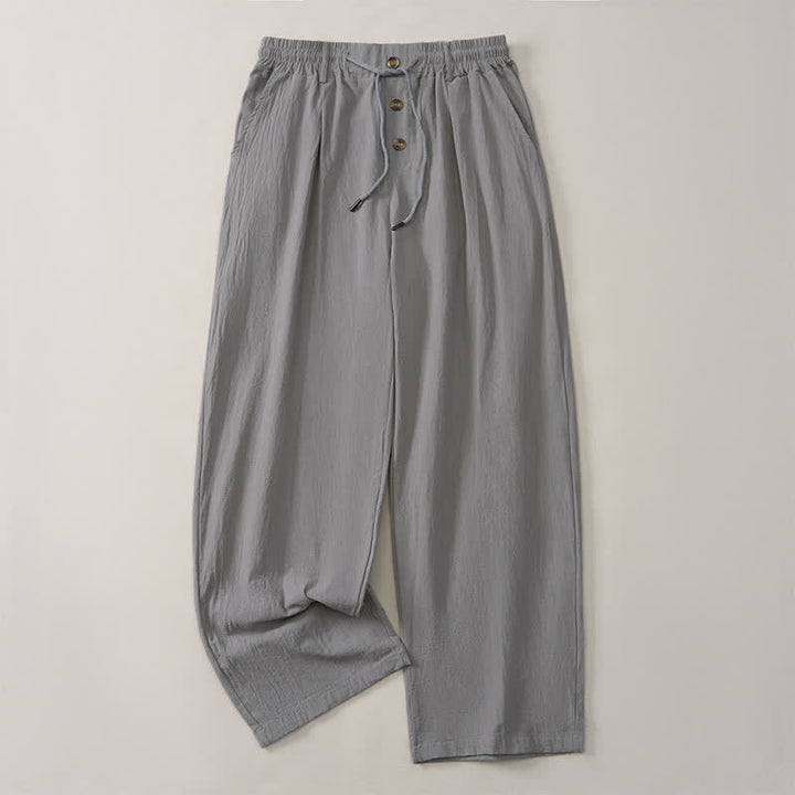 Buddha Stones Spring Summer Classic Decorative Buttons Drawstring Solid Long Pants Men's Straight Leg Pants With Pockets - image 11