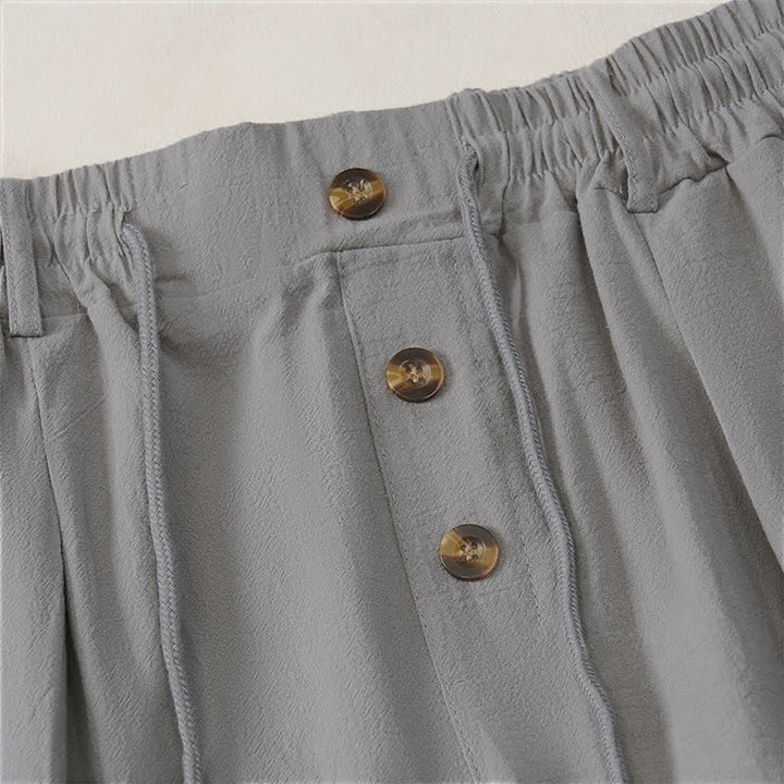 Buddha Stones Spring Summer Classic Decorative Buttons Drawstring Solid Long Pants Men's Straight Leg Pants With Pockets - image 13