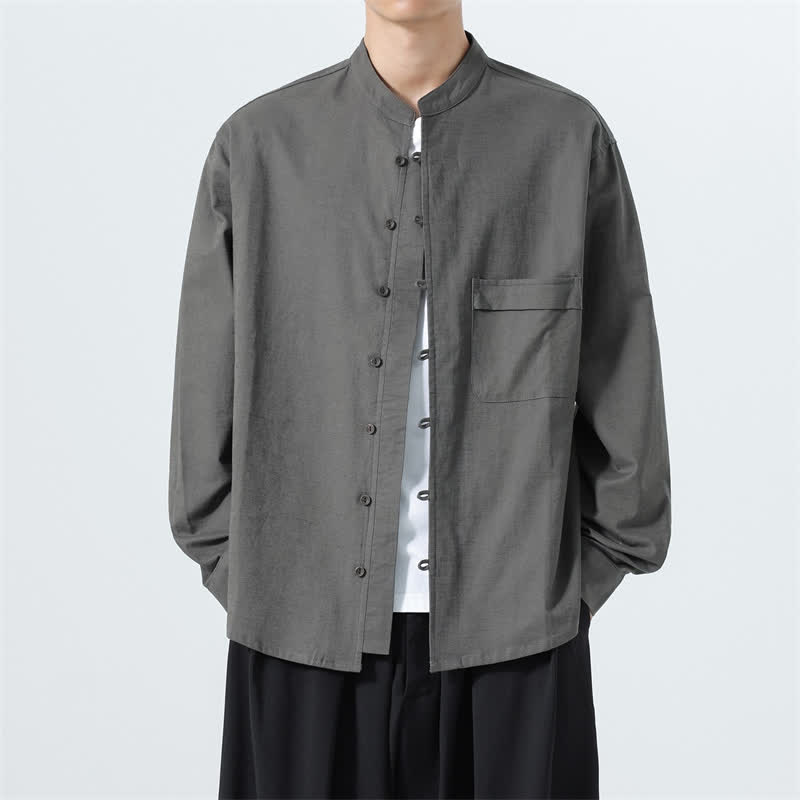 Buddha Stones Fall Casual Tang Style Mandarin Collar Solid Cotton Men's Long Sleeve Shirts - DimGray - US/UK/AU46，EU56 (5XL) - image 19
