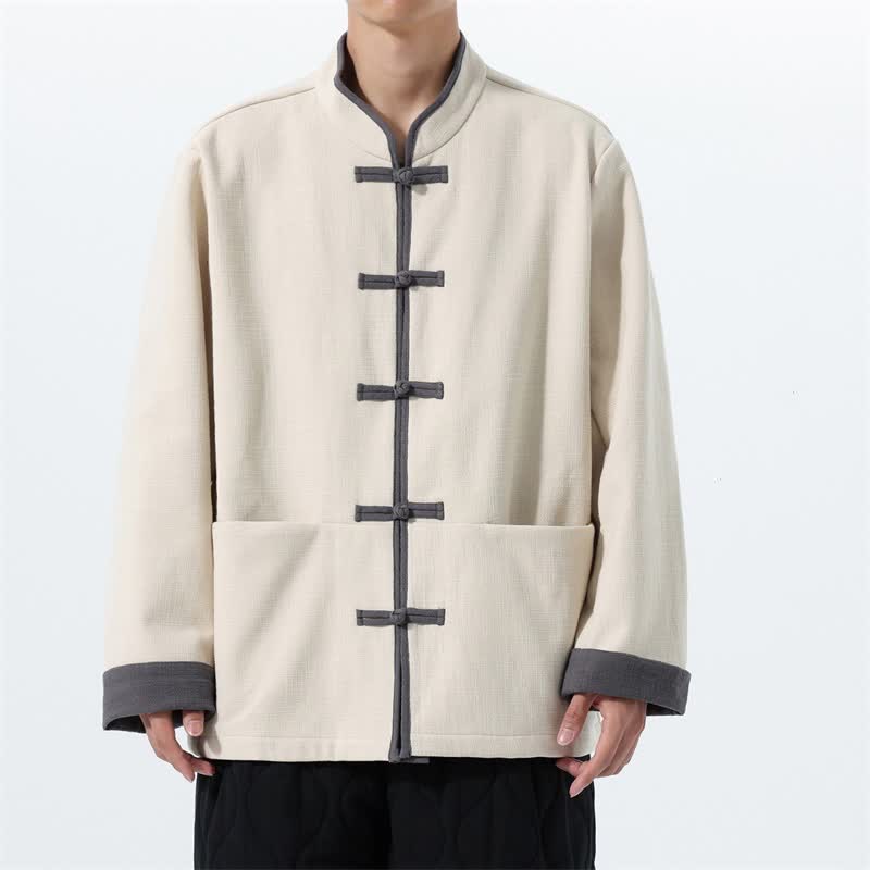 Buddha Stones Fall Winter Tang Style Vintage Frog Button Solid Cotton Men's Jacket With Pockets - Beige - US/UK/AU46，EU56 (5XL) - image 18