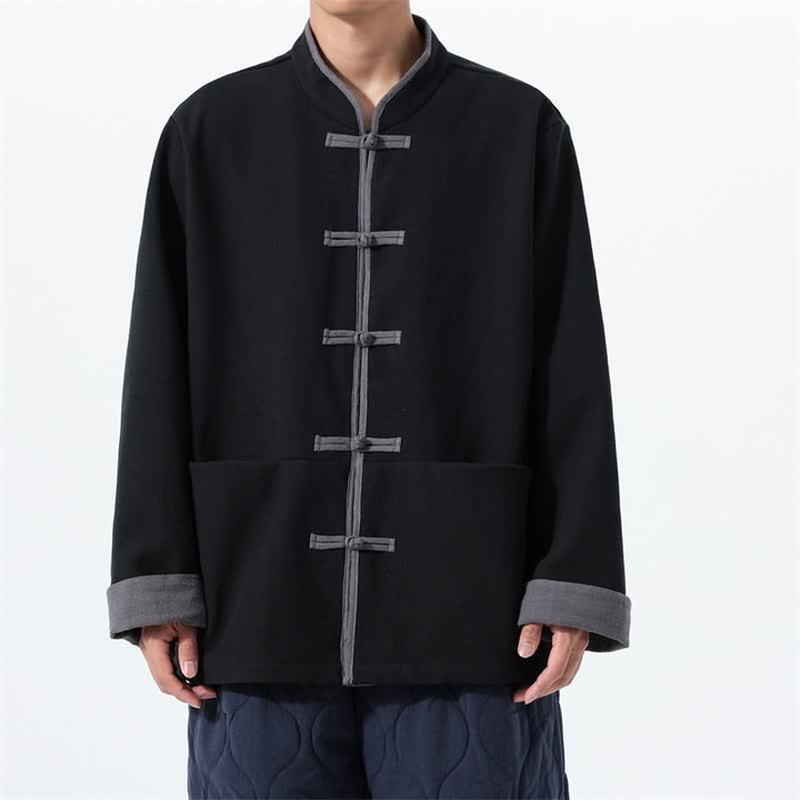 Buddha Stones Fall Winter Tang Style Vintage Frog Button Solid Cotton Men's Jacket With Pockets - Black - US/UK/AU46，EU56 (5XL) - image 5