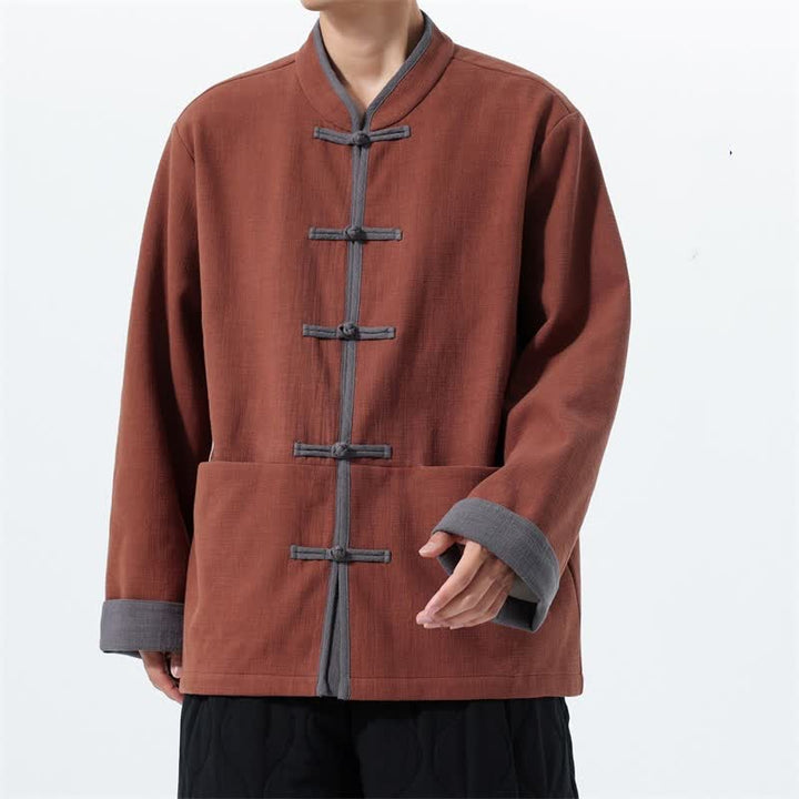 Buddha Stones Fall Winter Tang Style Vintage Frog Button Solid Cotton Men's Jacket With Pockets - Sienna - US/UK/AU46，EU56 (5XL) - image 10