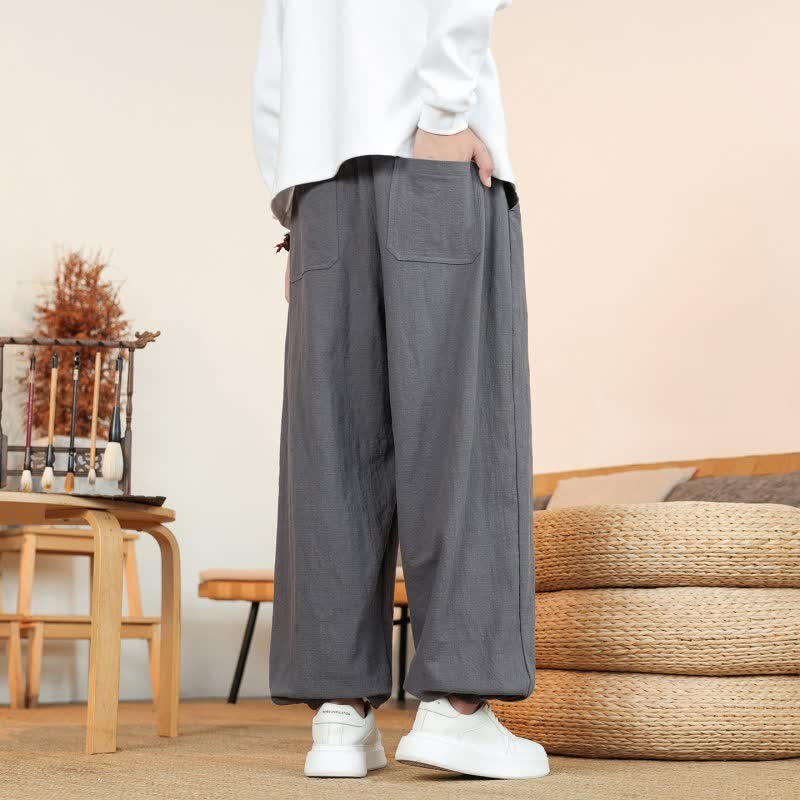 Buddha Stones Fall Casual Minimalist Drawstring Solid Cotton Ankle Pants Men's Straight Leg Pants With Pockets - image 3