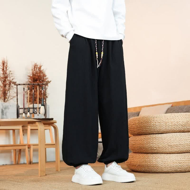 Buddha Stones Fall Casual Minimalist Drawstring Solid Cotton Ankle Pants Men's Straight Leg Pants With Pockets - image 16